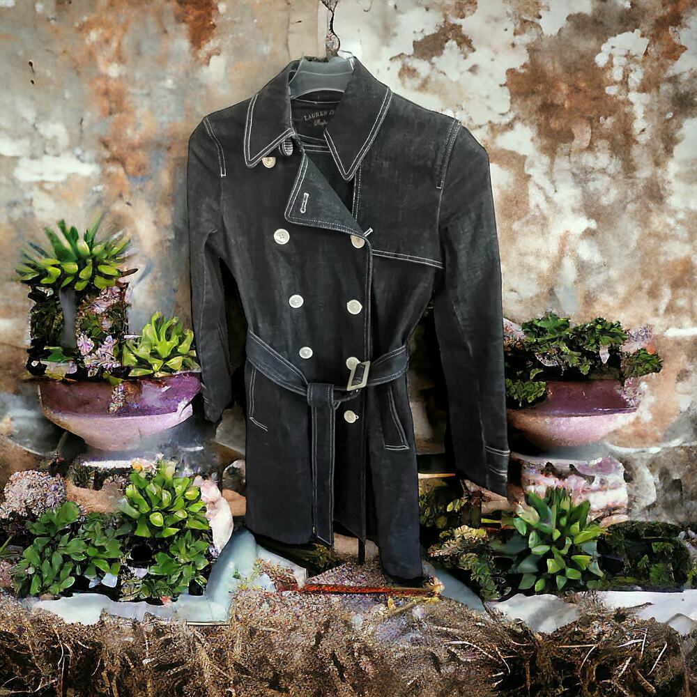 Vtg Lauren Jeans Co. Ralph Lauren Dark Wash Denim Trench Coat Jacket Cotton XS